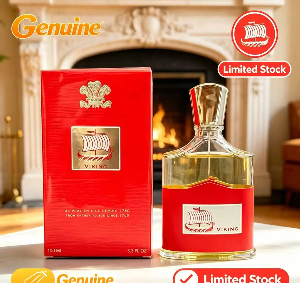 Creed Viking Eau de Parfum for men: red bottle, 100ml spray with gold cap, luxury fragrance, premium cologne scent.