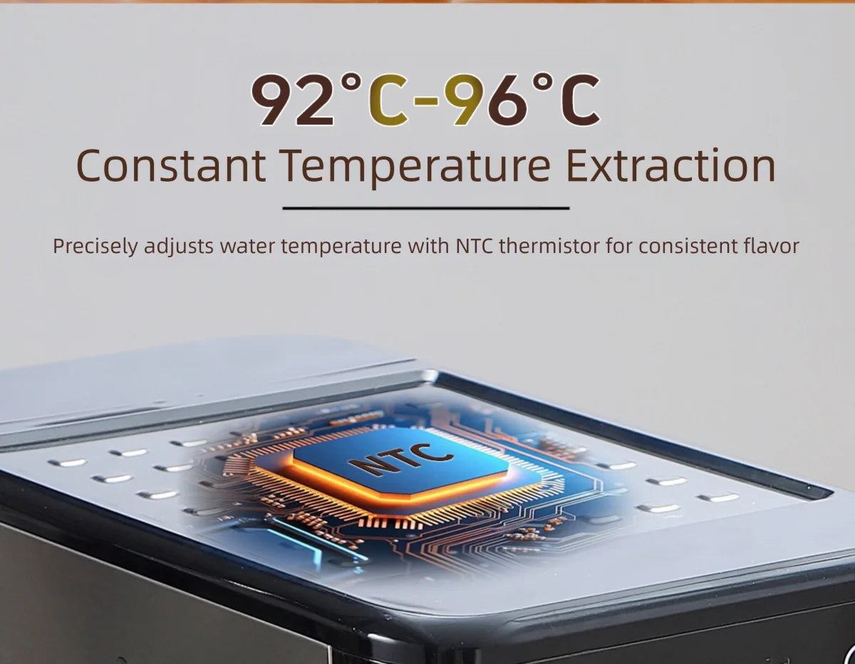 Coffee maker with NTC thermistor sensor for 92-96°C constant temperature extraction and consistent brewing flavor.