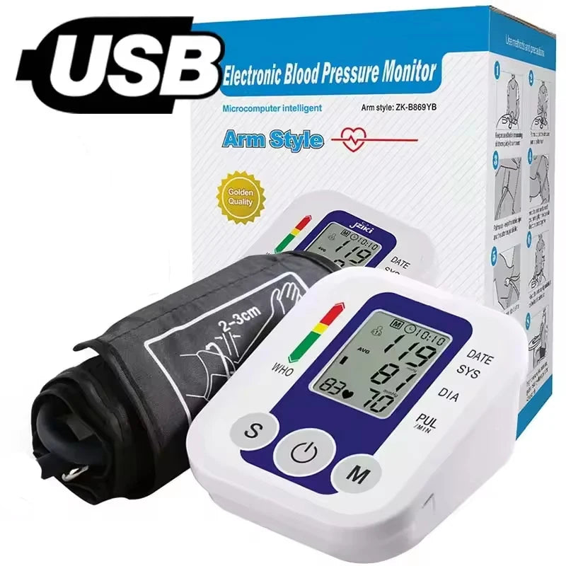 Arm Blood Pressure Monitor LCD Pressure Sensor Monitor BP Automatic Tonometer Digital Tensiometer LED Display Cuff Heart