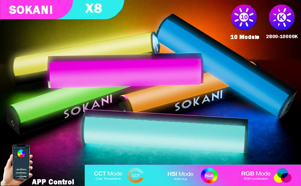 Multiple cylinder-shaped RGB LED light wands in various colors for photography and video lighting.