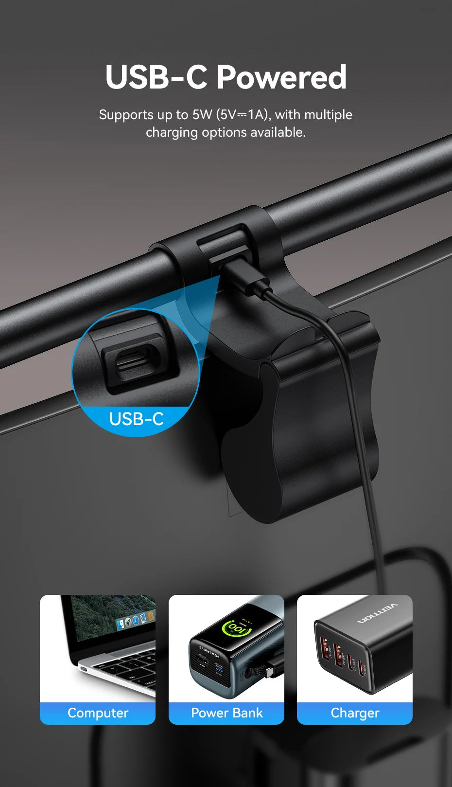 Vention LED Monitor Light Bar PC Laptop Screen Light Bar Hanging Eye Protection Asymmetric Light Source USB 3 Colour Read Lamp