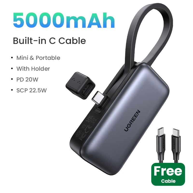 Tidesmit 5000mAh Portable Power Bank with USB-C PD Fast Charging With 2 in 1 C Cable Tidesmit