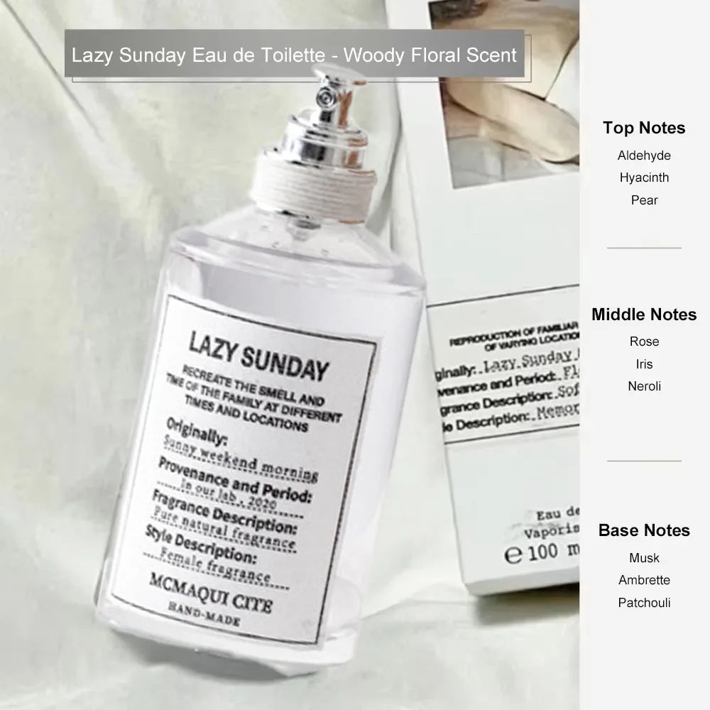 Lazy Sunday 100ml Eau de Toilette: Unisex woody floral scent with musk, pear, and rose notes in a clear glass bottle.