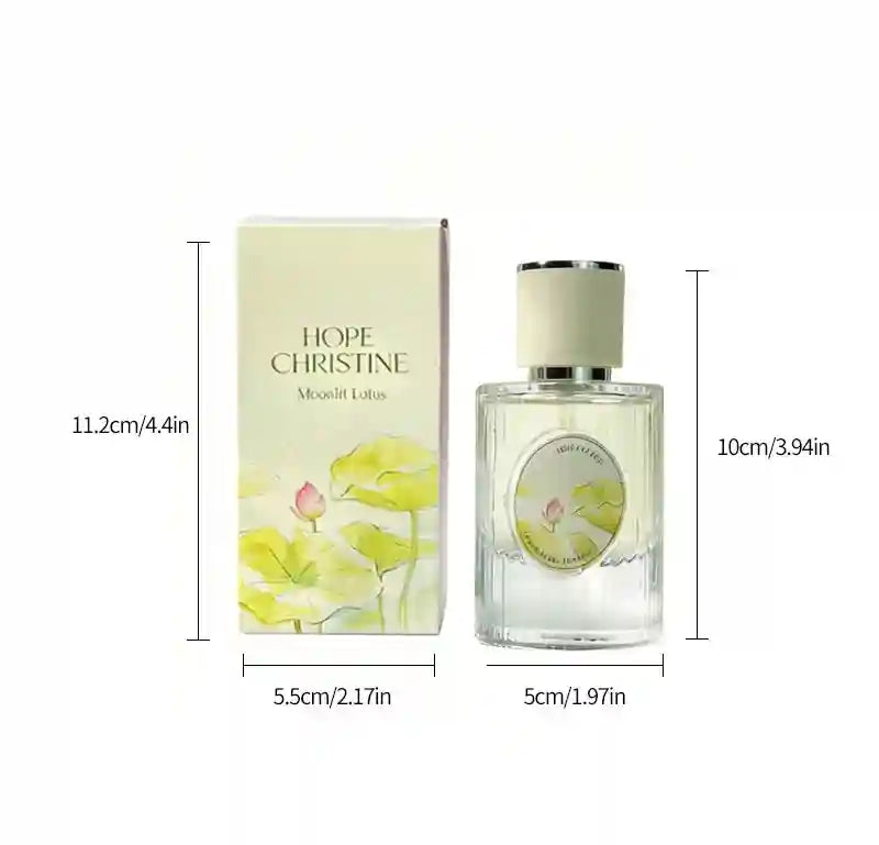 Hope Christine Moonlit Lotus floral woody perfume, long-lasting oriental scent with lotus and jasmine in ribbed bottle.