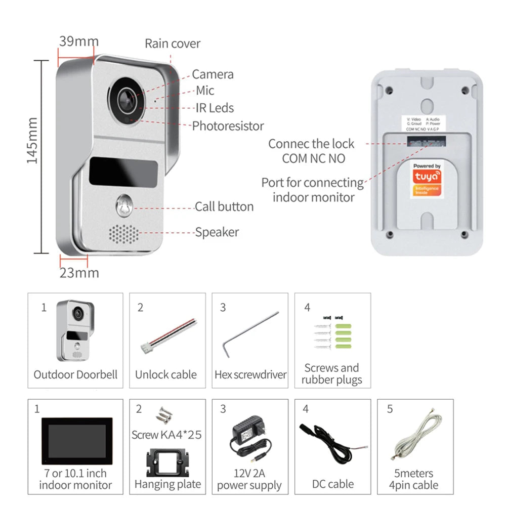 Support Tuya app WiFi visual intercom doorbell system 7/10 inch touch screen indoor monitoring intelligent villa home security