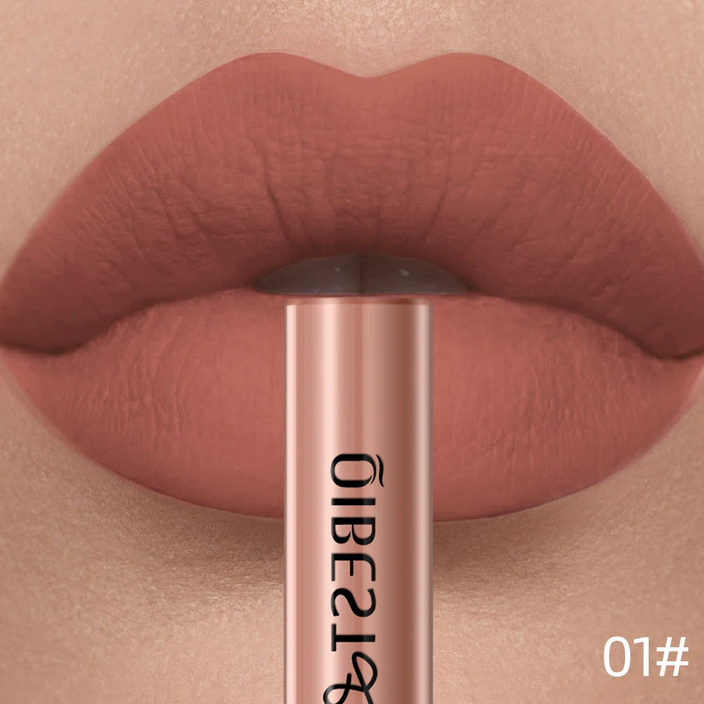 QIBEST velvet matte liquid lipstick in a soft nude shade, providing a smooth, long-lasting nonstick lip makeup finish.