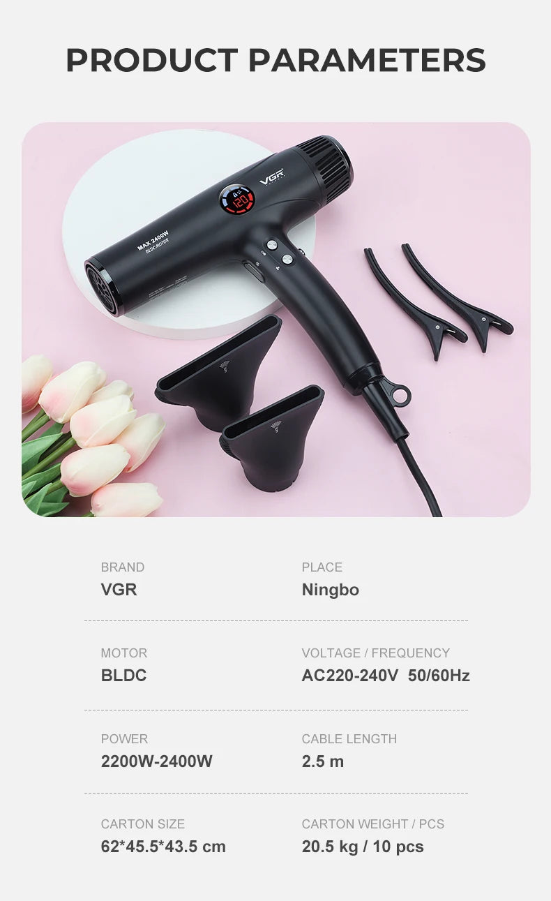 VGR V-469 professional black BLDC hair dryer with digital display, two concentrator nozzles, and hair clips set.