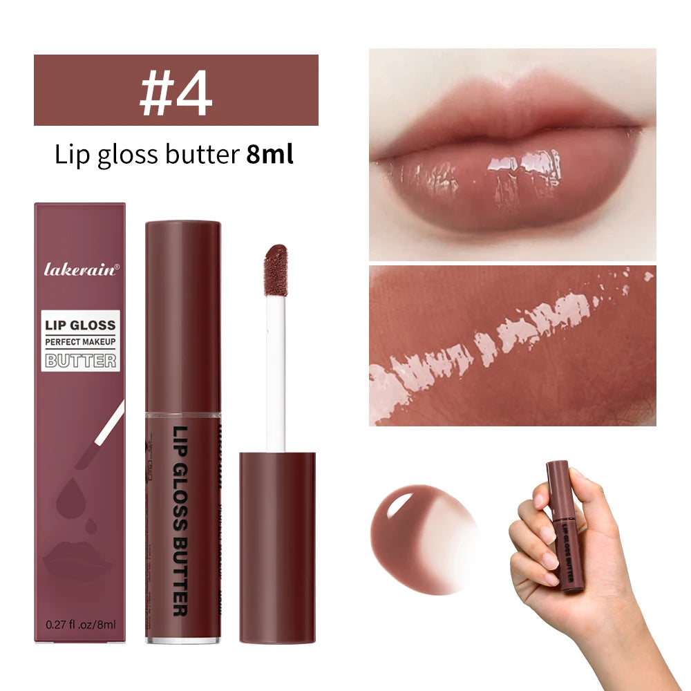 Lakerain butter lip gloss in shade #4, a moisturizing, non-stick, mirror-finish brown lip glaze with swatch.