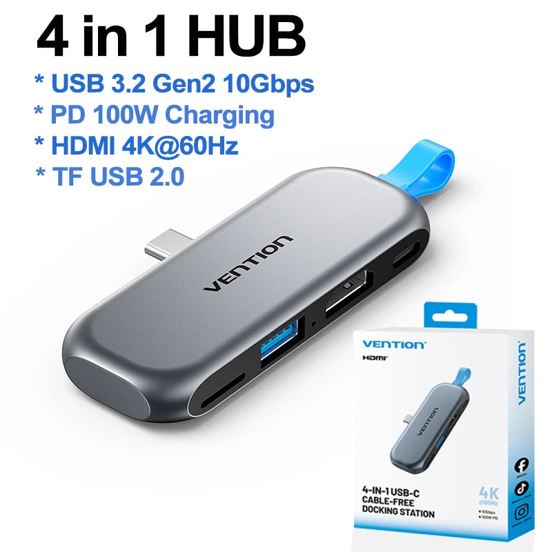 USB C Hub 4K 60Hz Adapter - 100W PD Charging for Laptop - Space Gray 4 in 1 USB 3 2 HUB Tidesmit