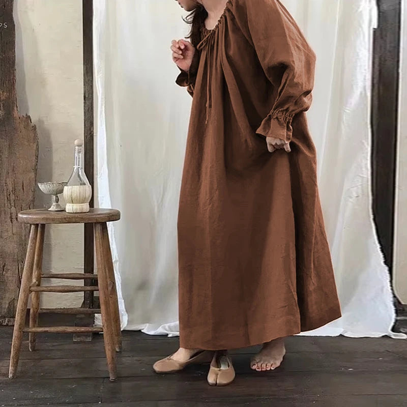 Original New Spring Vintage Cotton Linen Dress for Women Solid Long Sleeve Drawstring Linen One-Piece Dress Maxi Dress