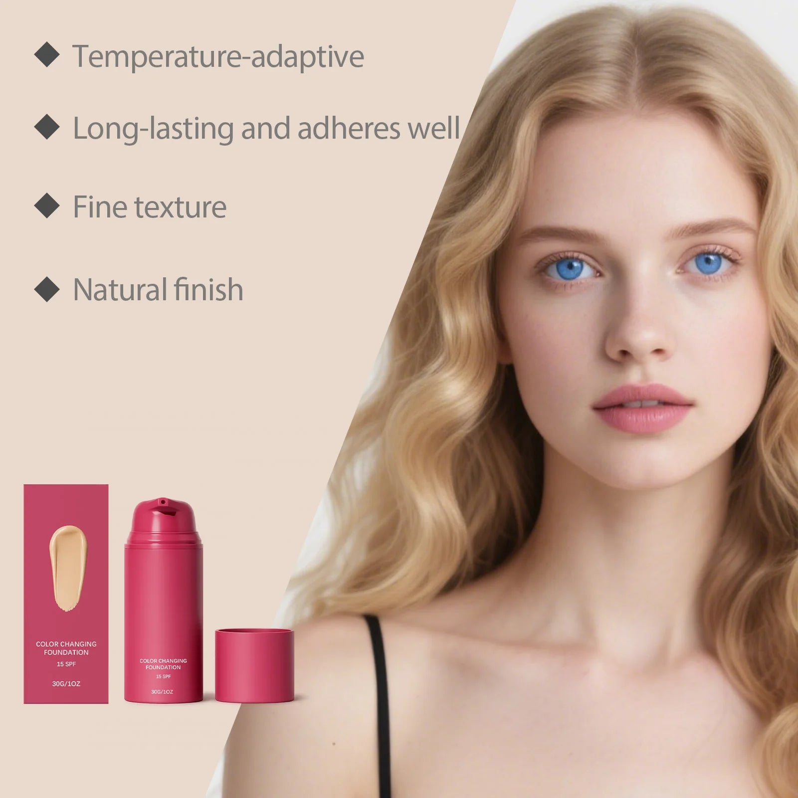Tidesmit color changing foundation texture close-up showing lightweight waterproof long-lasting natural face makeup
