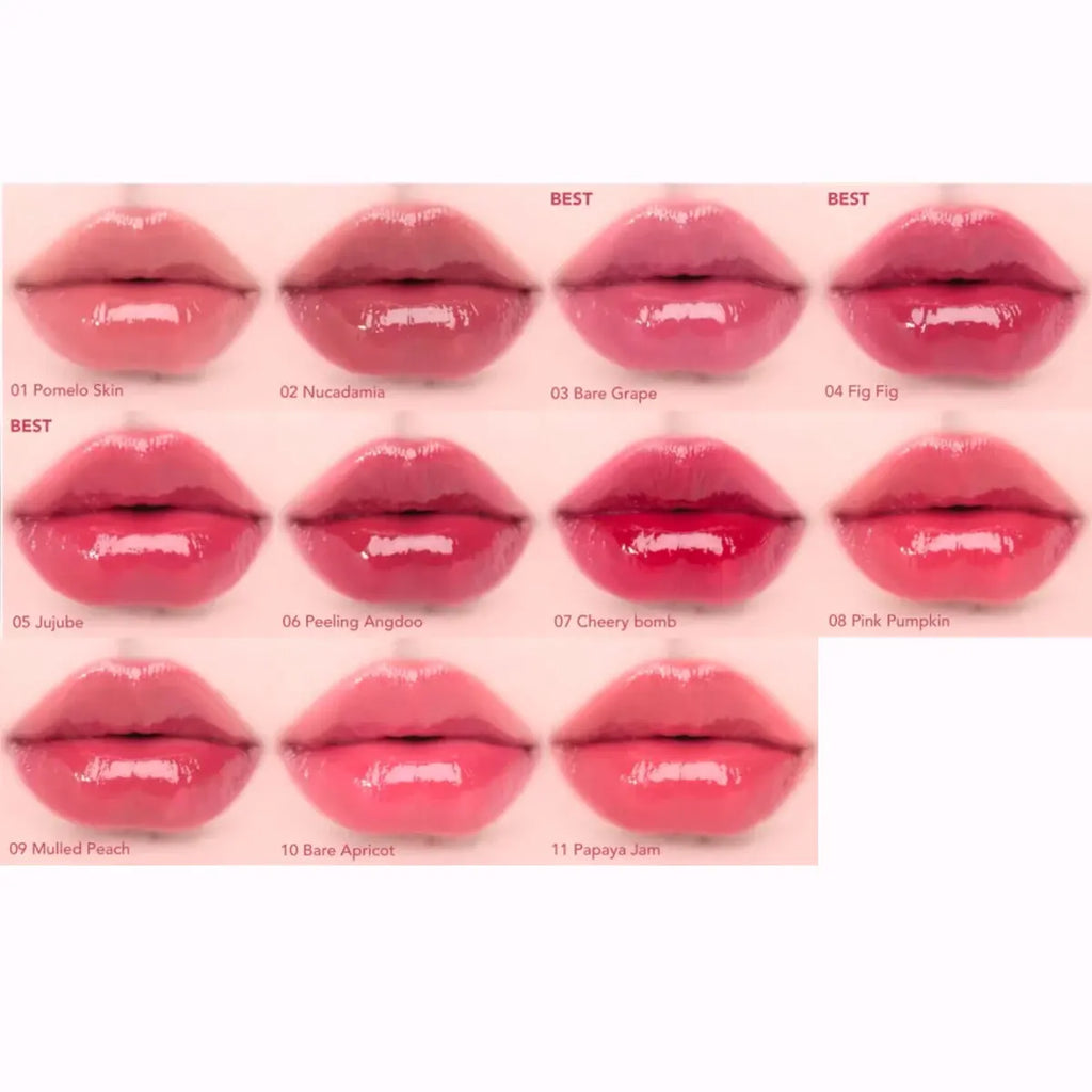 rom&nd Juicy Lasting Tint swatch chart: 11 glossy, hydrating K-beauty lip shades for a vibrant, moisturized finish.