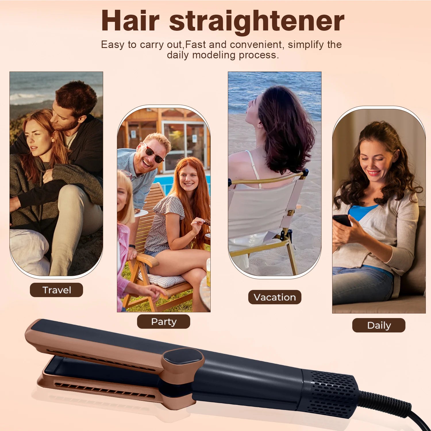 2in1 ionic hair dryer and straightener in rose gold and black with LCD display for professional wet to dry styling.