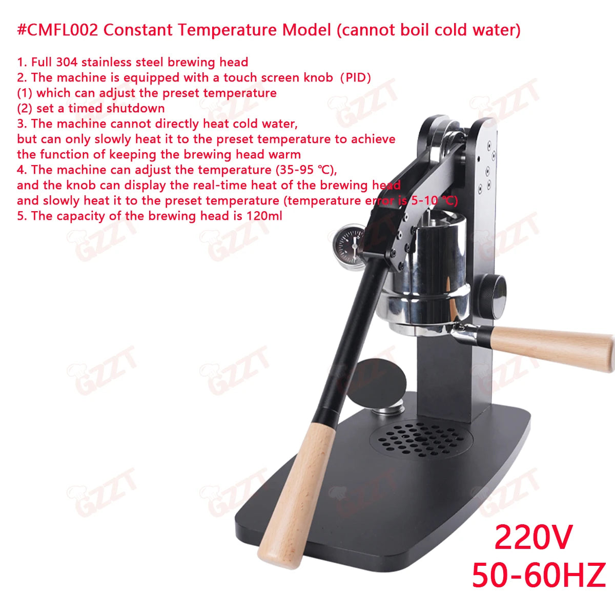 GZZT CMFL002 manual lever espresso maker, black metal finish with wooden handles and 120ml stainless brewing head.