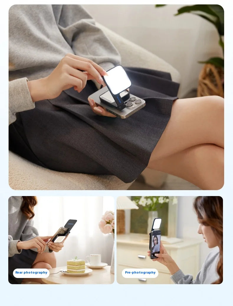 Foldable, black square LED phone ring light attached to a smartphone for rear and front-facing photography.