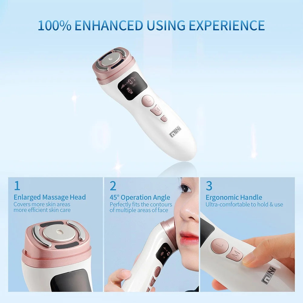 A white and rose-gold handheld HIFU facial massager with a digital display and ergonomic handle.