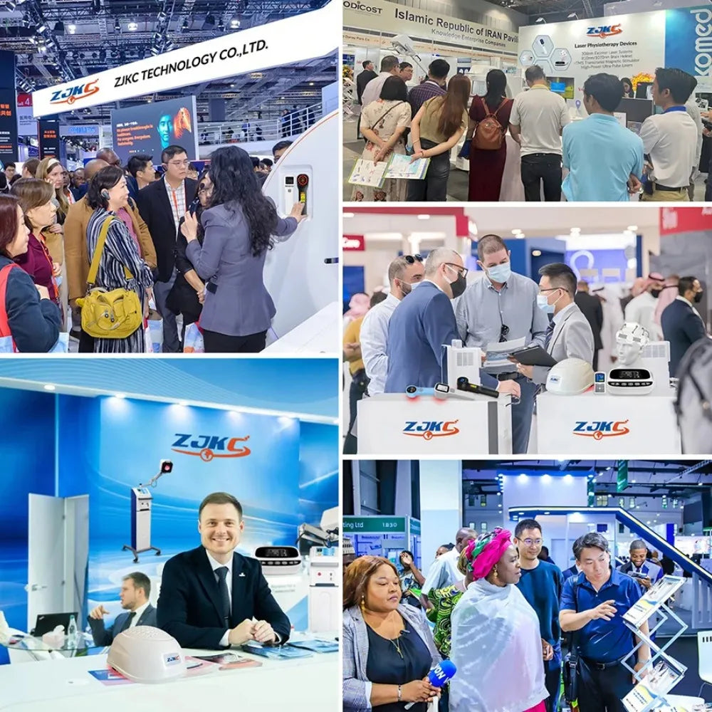 ZJKC non-invasive neurofeedback device for brain health, multi-frequency rTMS therapy displayed at a medical exhibition.