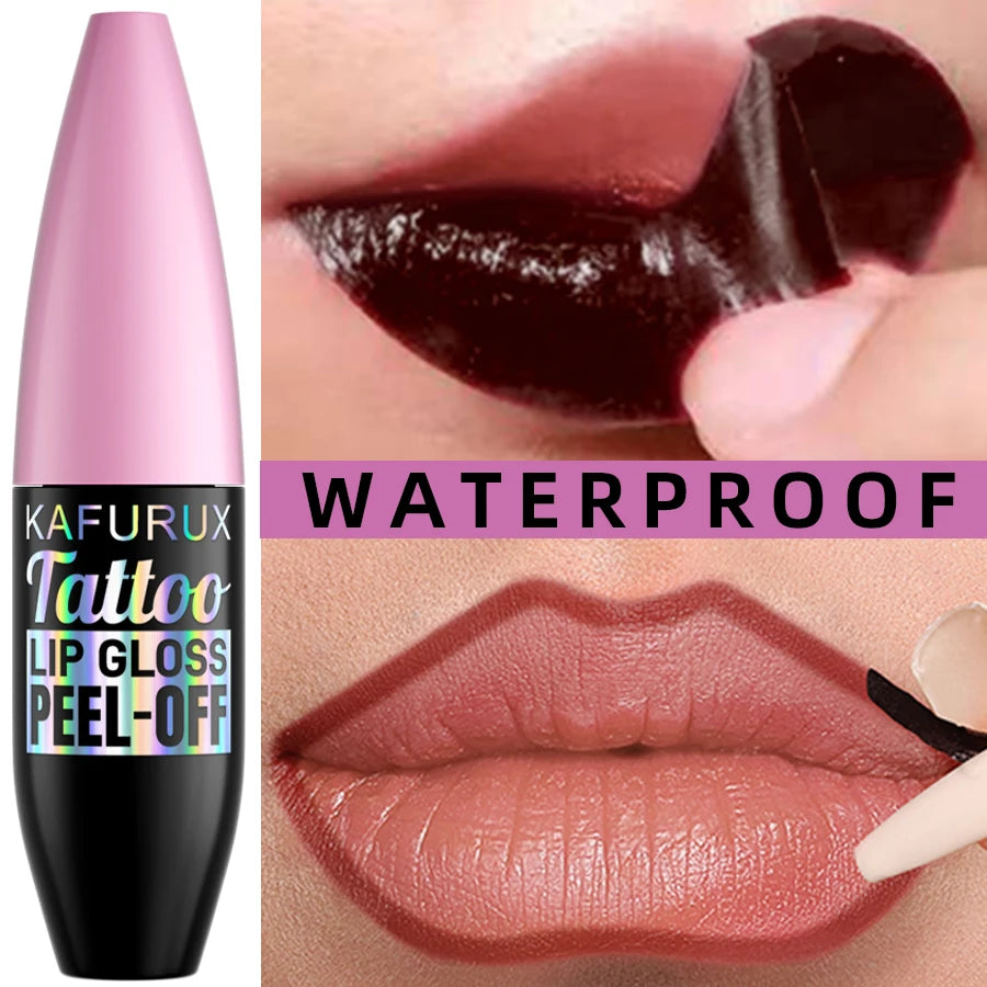 Kafurux peel-off lip gloss, waterproof long-lasting liquid lipstick showing dark stain and natural pink finish.