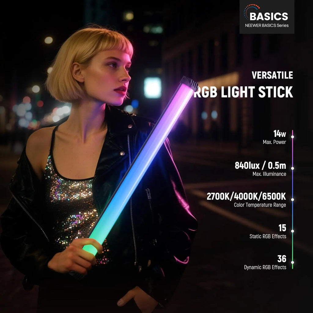 A portable, handheld RGB LED light wand emitting a blue-to-pink gradient, used for creative handheld photography