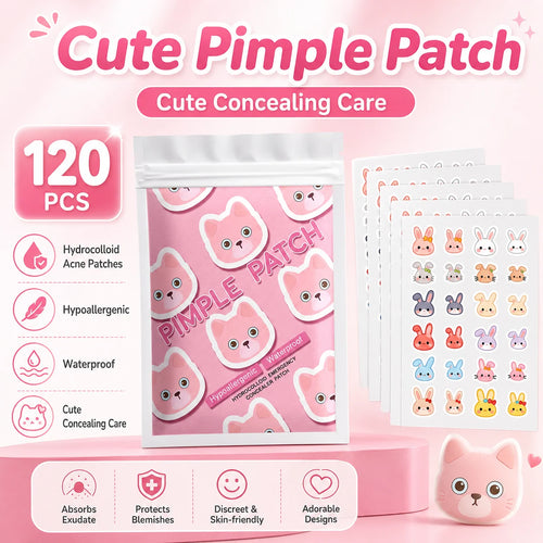 Cartoon cat-shaped acne patch pack, 120 hydrocolloid patches in cute pouch