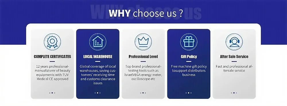 A blue and white infographic banner titled "WHY choose us?" listing five benefits for professional spa equipment.