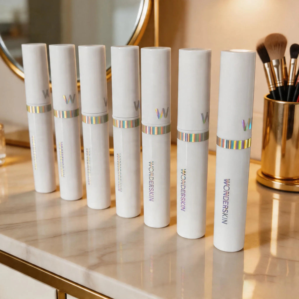 Wonderskin waterproof peel-off tattoo lip stain tubes in white packaging with iridescent branding on a marble vanity.