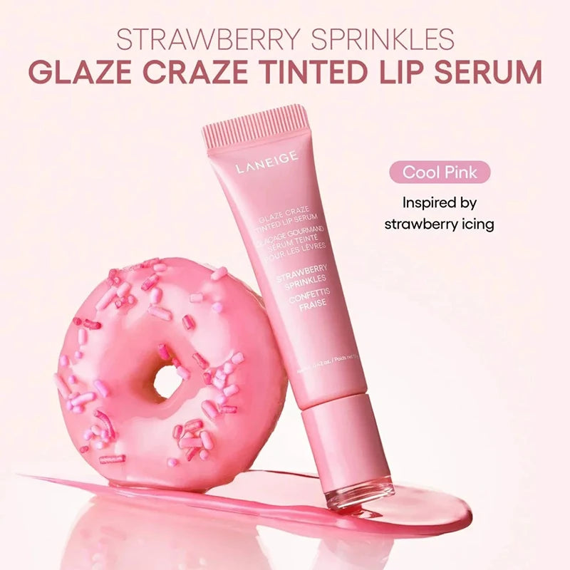 Laneige Glaze Craze Tinted Lip Serum in Strawberry Sprinkles next to a pink donut, featuring a hydrating glossy finish.