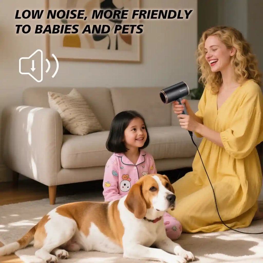 Hatteker foldable black negative ion hair dryer, quiet portable blower for hair, safe for kids and pets.