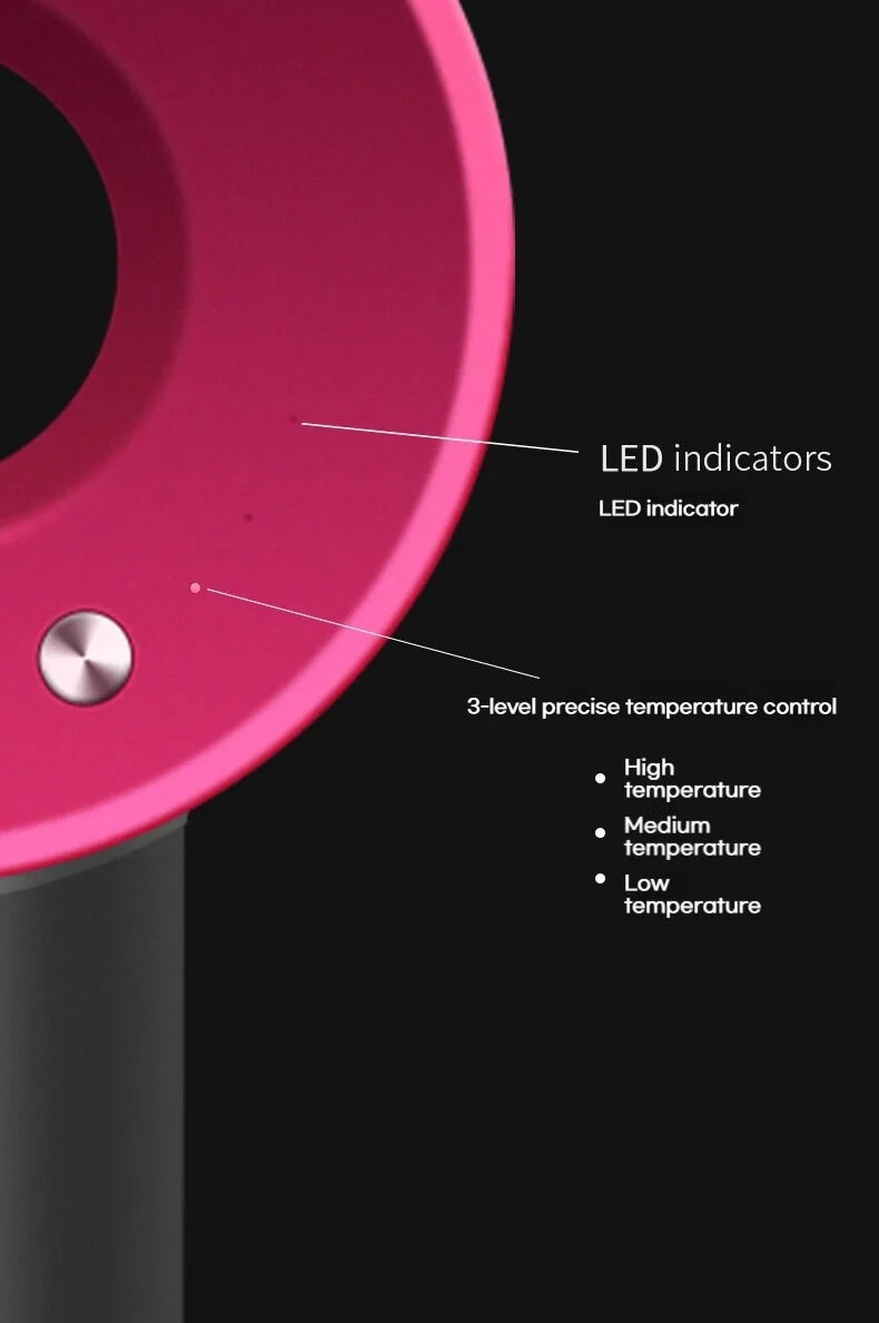 Hot pink fast-drying hair dryer with LED indicators and 3-level temperature control for professional hair care.