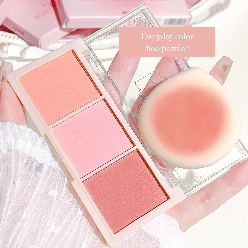 Tidesmit three-color matte blush palette swatch showing natural nude face makeup and skin brightening texture