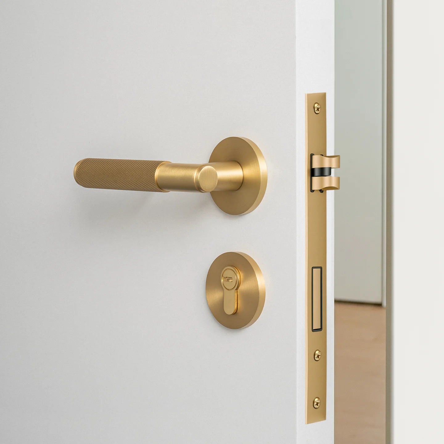 DOOROOM Brass Door Lock Set Modern Knurled Matte Brushed Copper Interior Door Lock Decorative Lock Privacy Lock Passage Lock