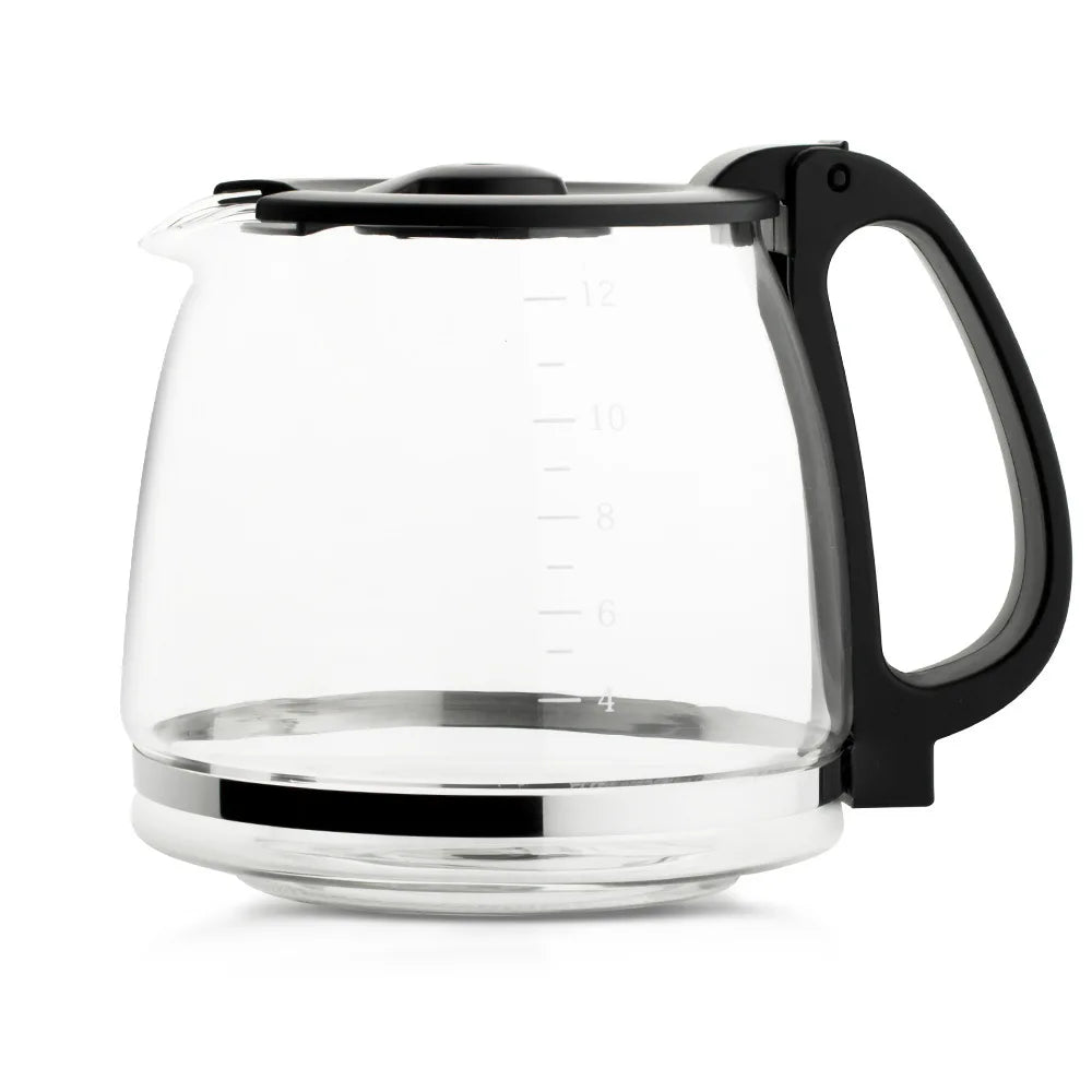 Replacement 12-cup glass coffee carafe with black handle and lid, compatible with standard drip coffee makers.
