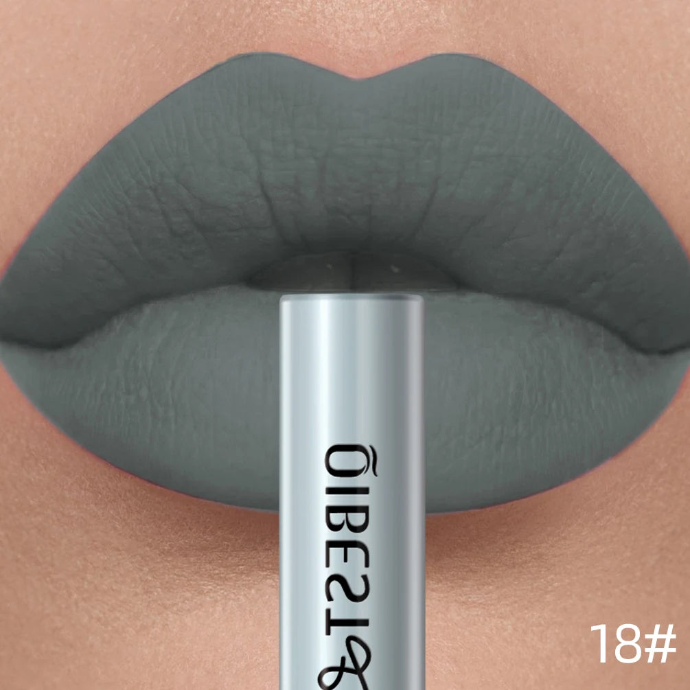 Waterproof matte liquid lipstick in grey, long-lasting velvet lip stain with nonstick, full-coverage formula.