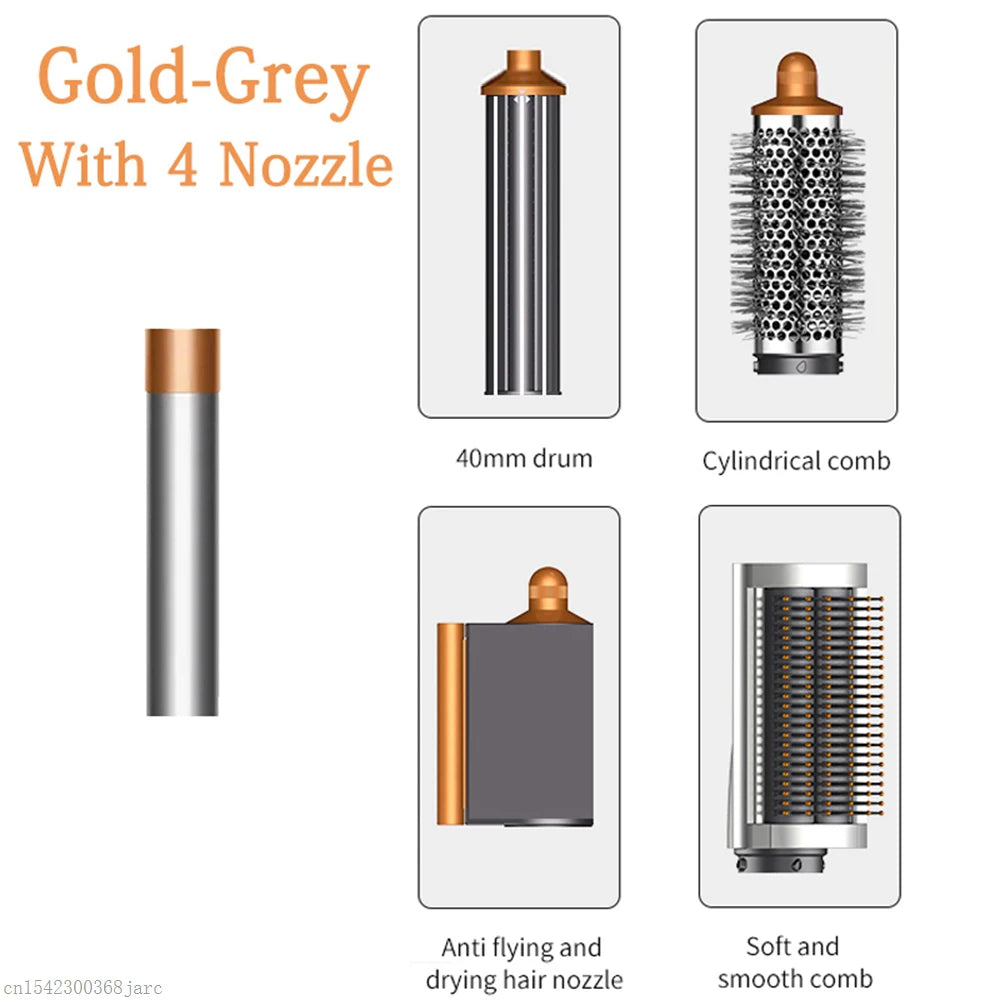SenCiciMen X9 gold-grey professional hot air hair styler set with 4 attachments, curling barrel, and smoothing combs.