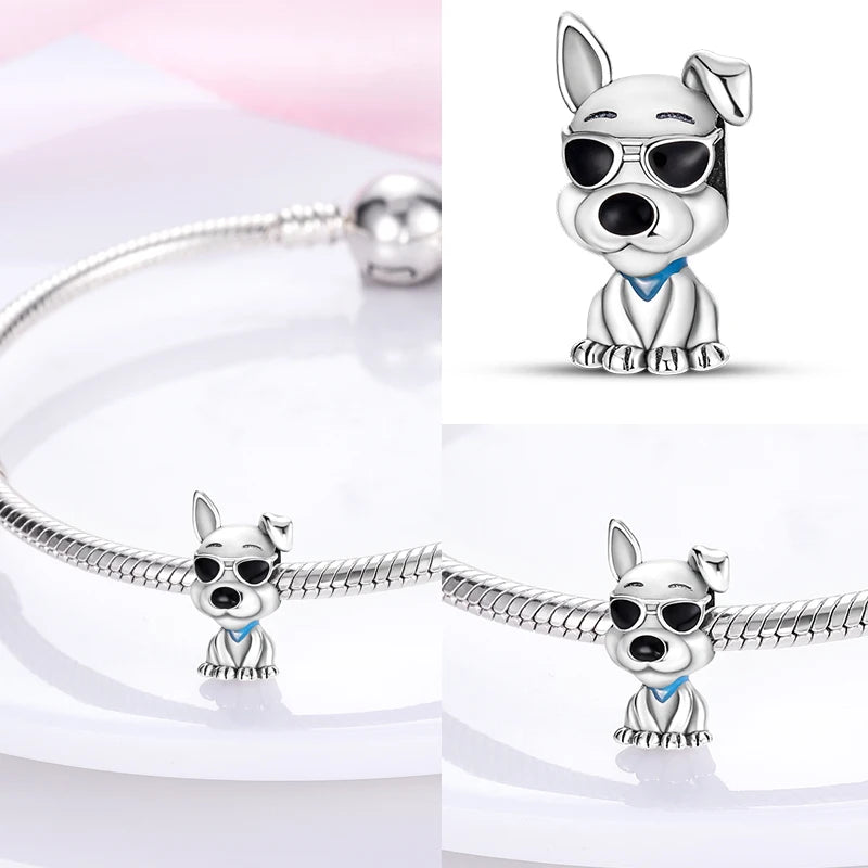 925 sterling silver cool puppy dog charm for charm bracelets, perfect DIY jewelry gift for pet lovers.