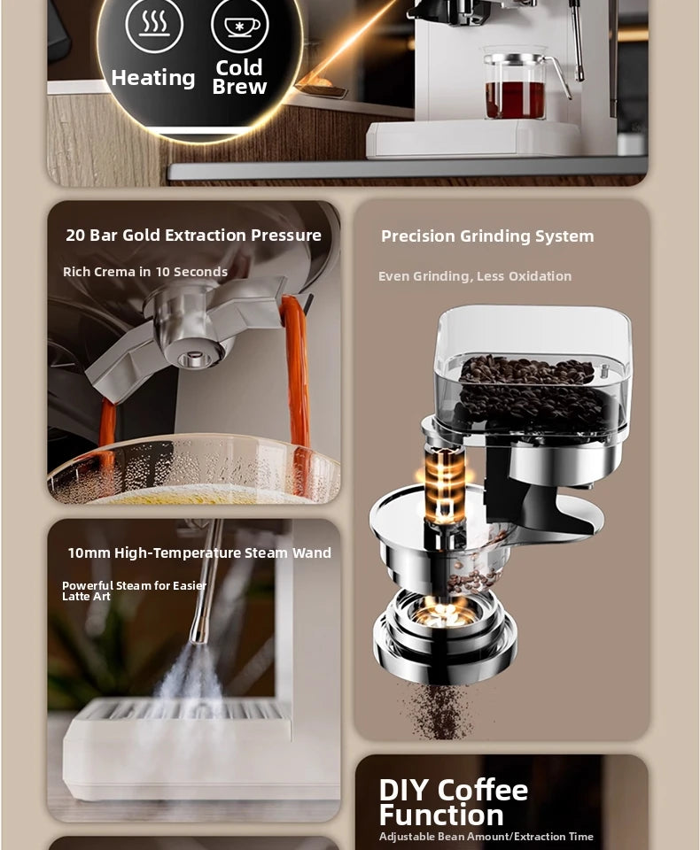 White espresso machine with 20-bar pressure, precision grinder, steam wand, and hot or cold brew settings.