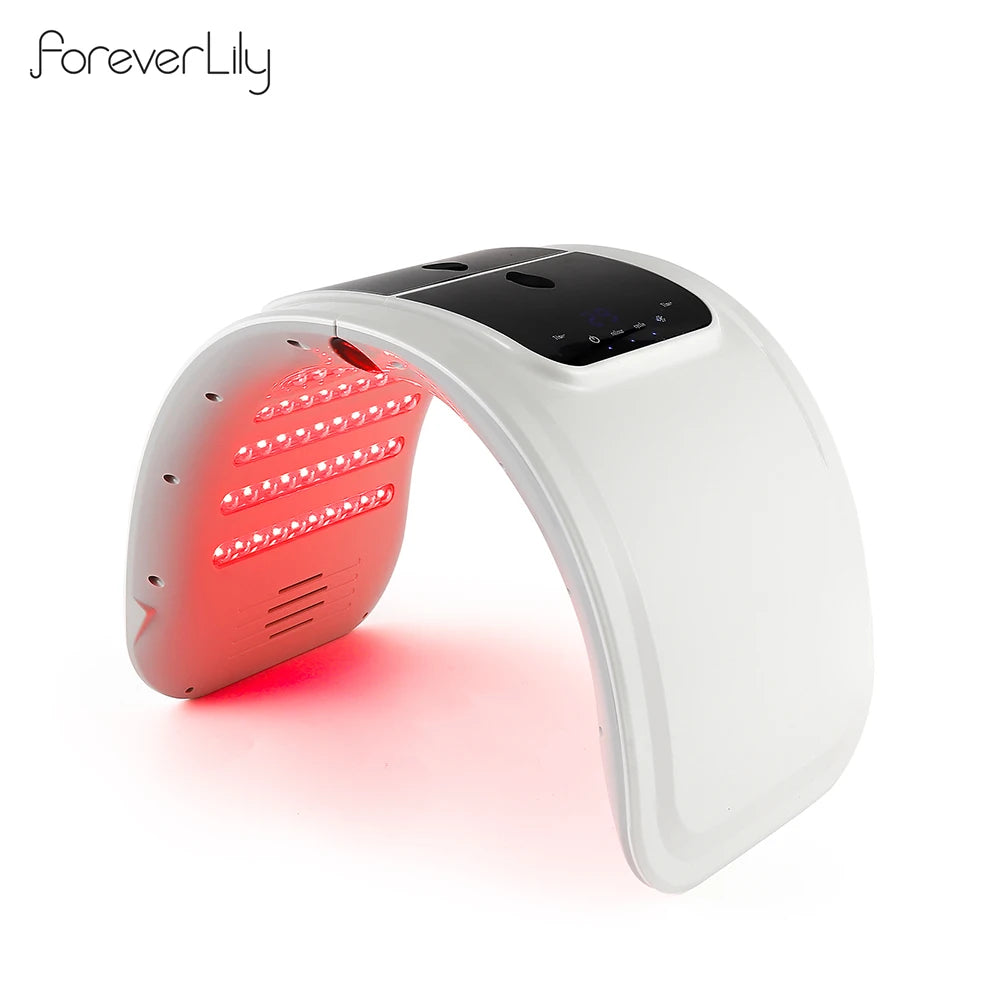 White curved PDT LED facial therapy machine with interior red lights and a top control panel on a white background.