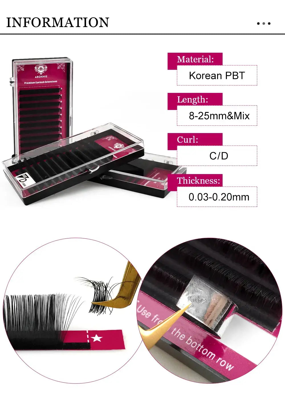 Black PBT eyelash extension trays with C/D curls, ranging from 0.03-0.20mm thickness, used for professional application.