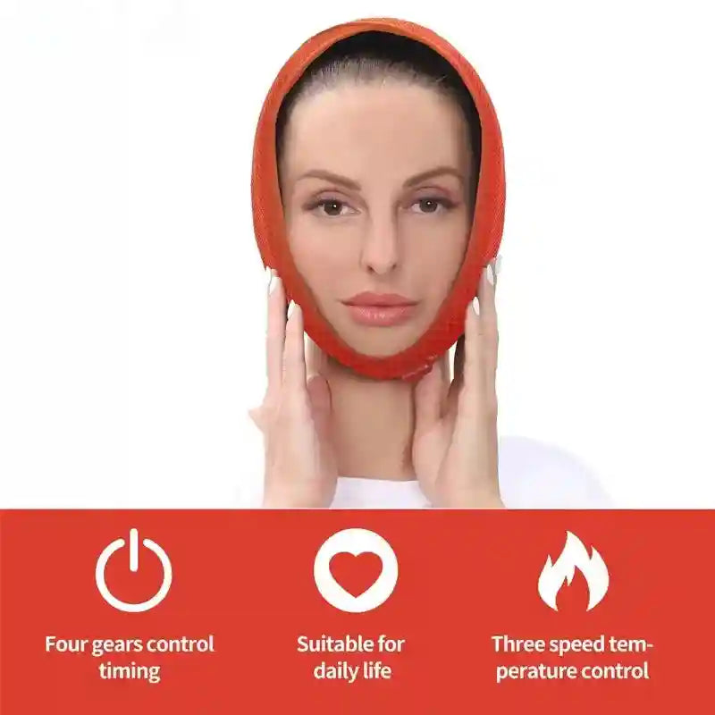 A woman wears a bright orange, textured, U-shaped electric heated face pad around her chin and jawline.