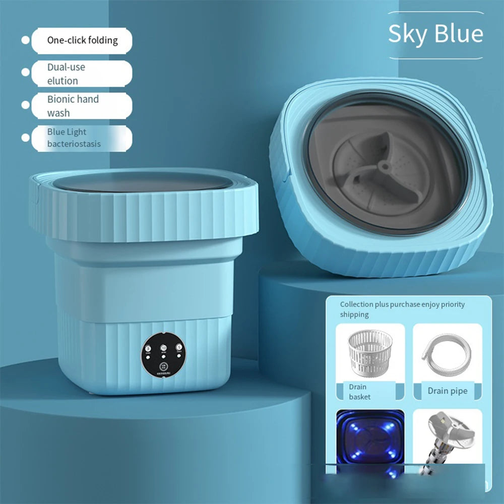 Sky blue folding automatic shoe washer with open lid, control panel, and included accessories