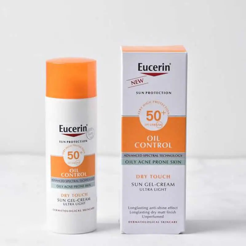 Tidesmit Eucerin Oil Control SPF50 face sunscreen texture close-up for oily acne-prone skin matte makeup finish