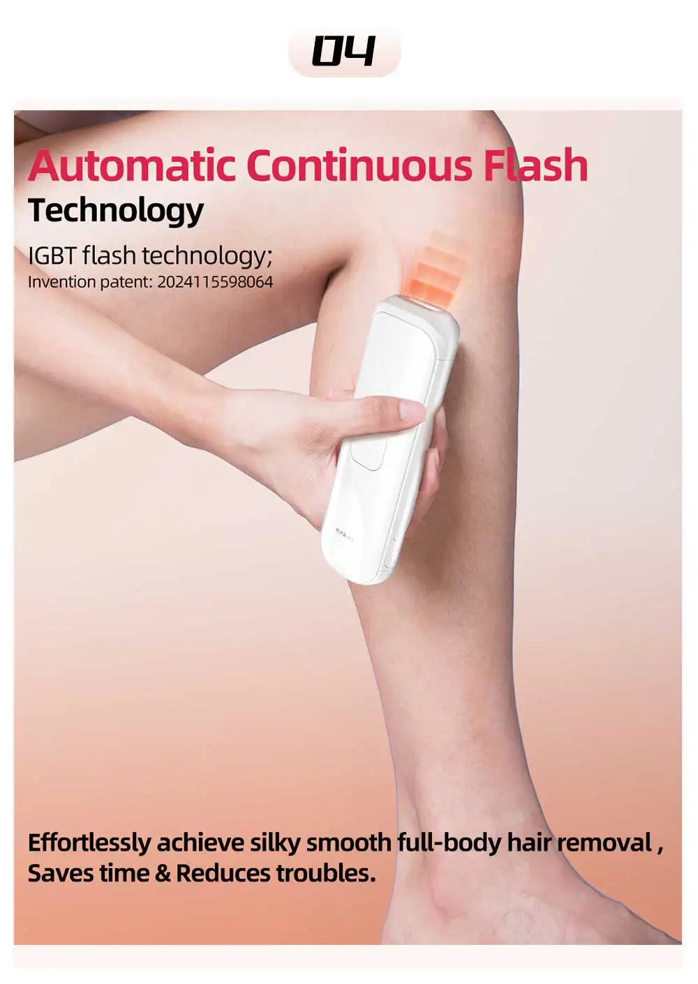 A white handheld IPL hair removal device emitting a light flash onto a leg, shown with marketing text overlay.