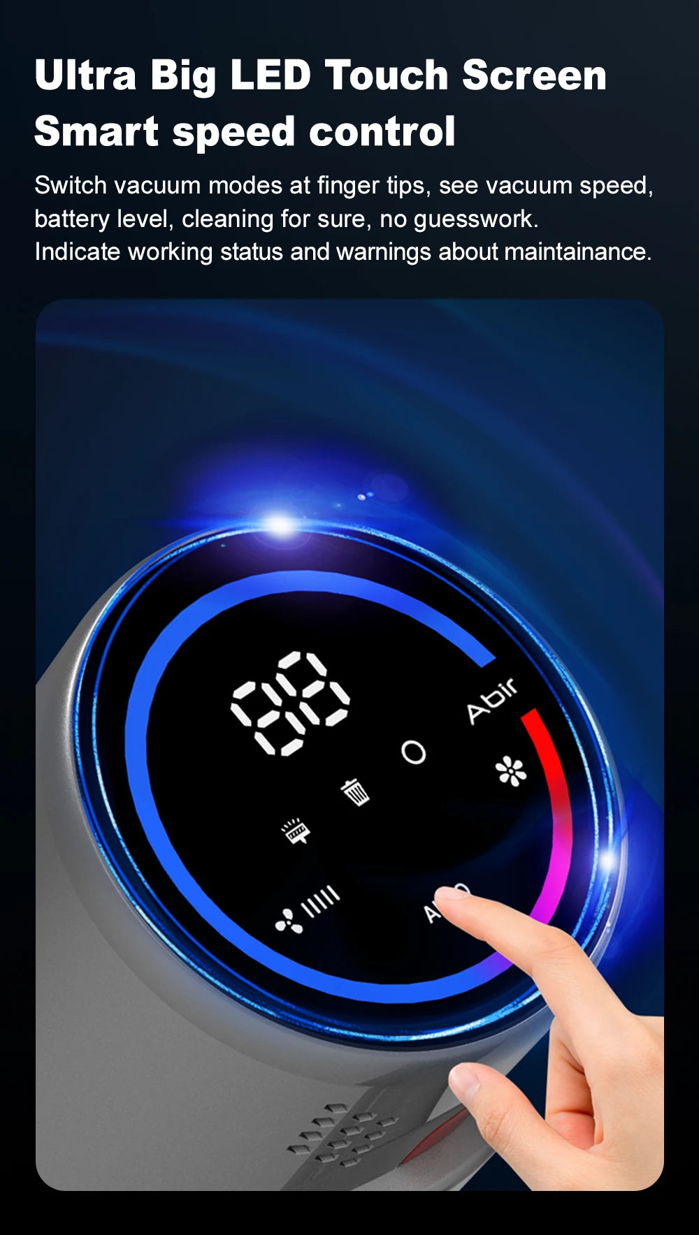 Tidesmit ABIR VC205 cordless vacuum with smart dust sensor and touch screen displaying 27000PA suction performance