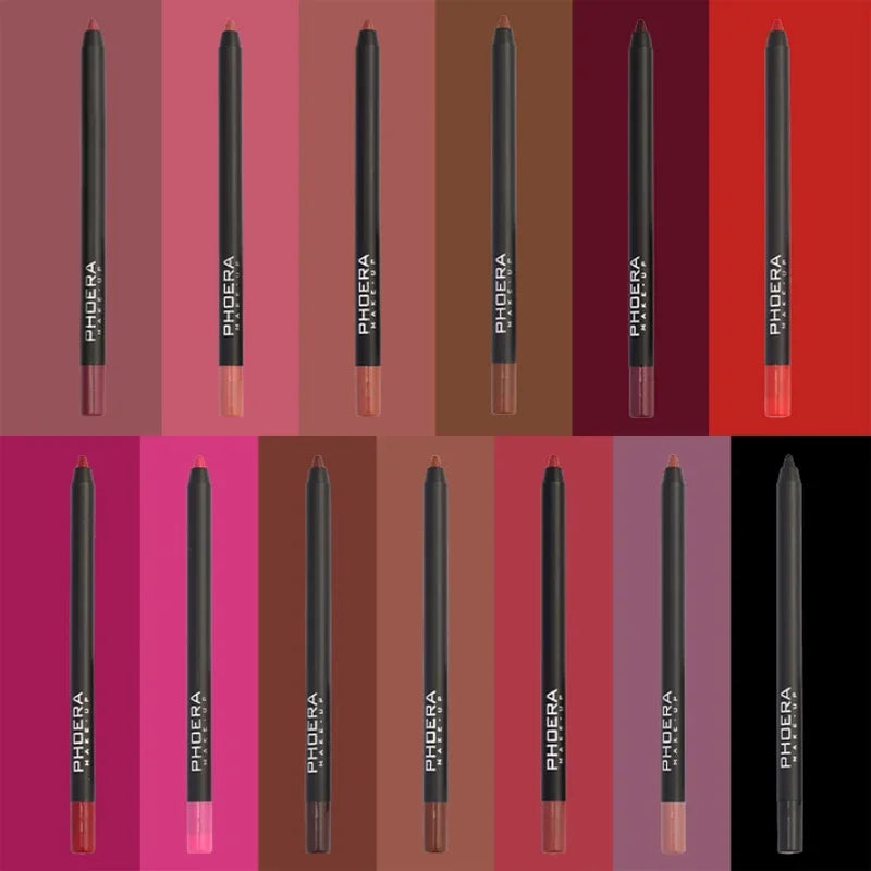 Matte lip liner pencils in assorted nude and brown shades. Long-lasting, waterproof, smooth-application lip makeup.