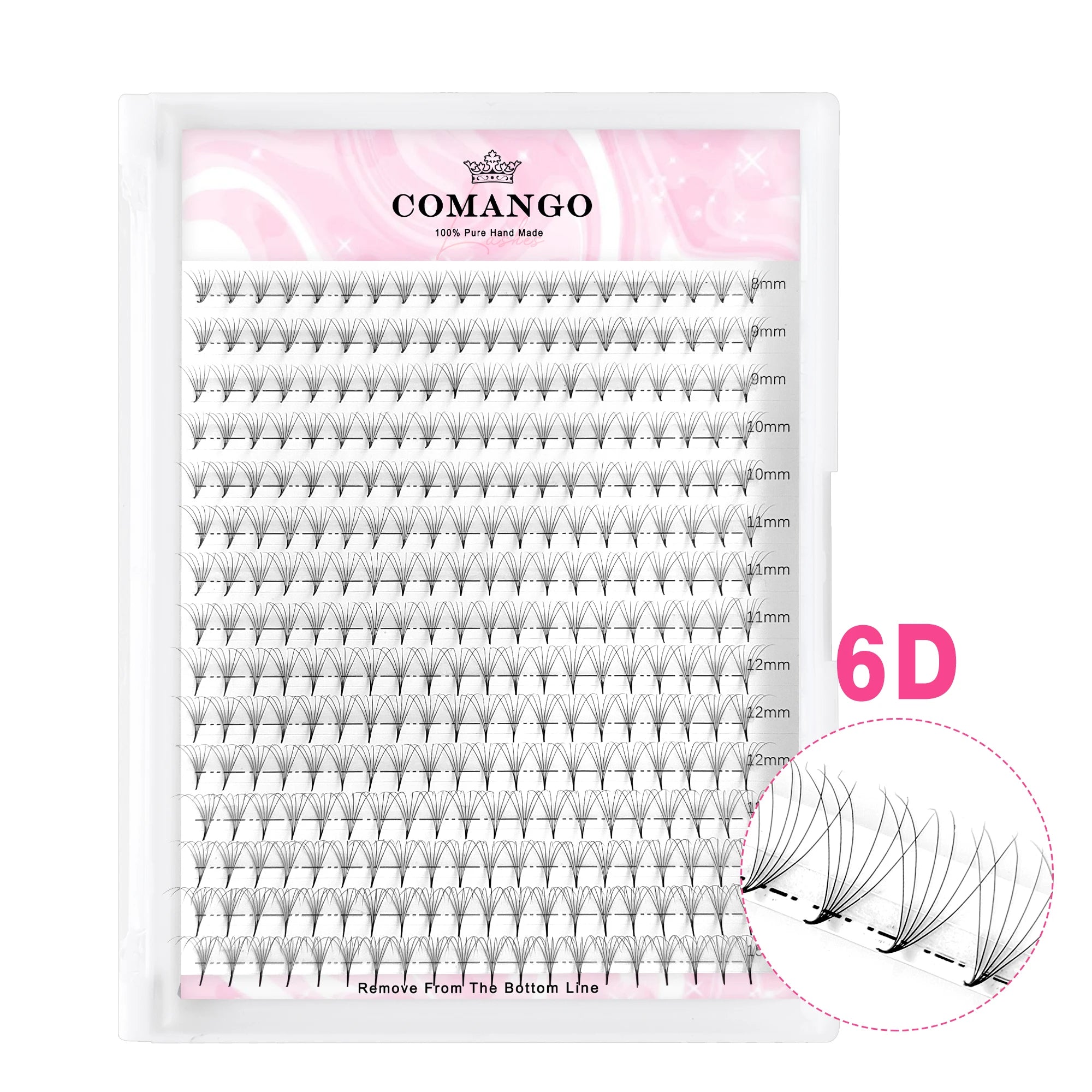 6D pre-made eyelash extension fans in various lengths, arranged on a tray for professional volume lash application.