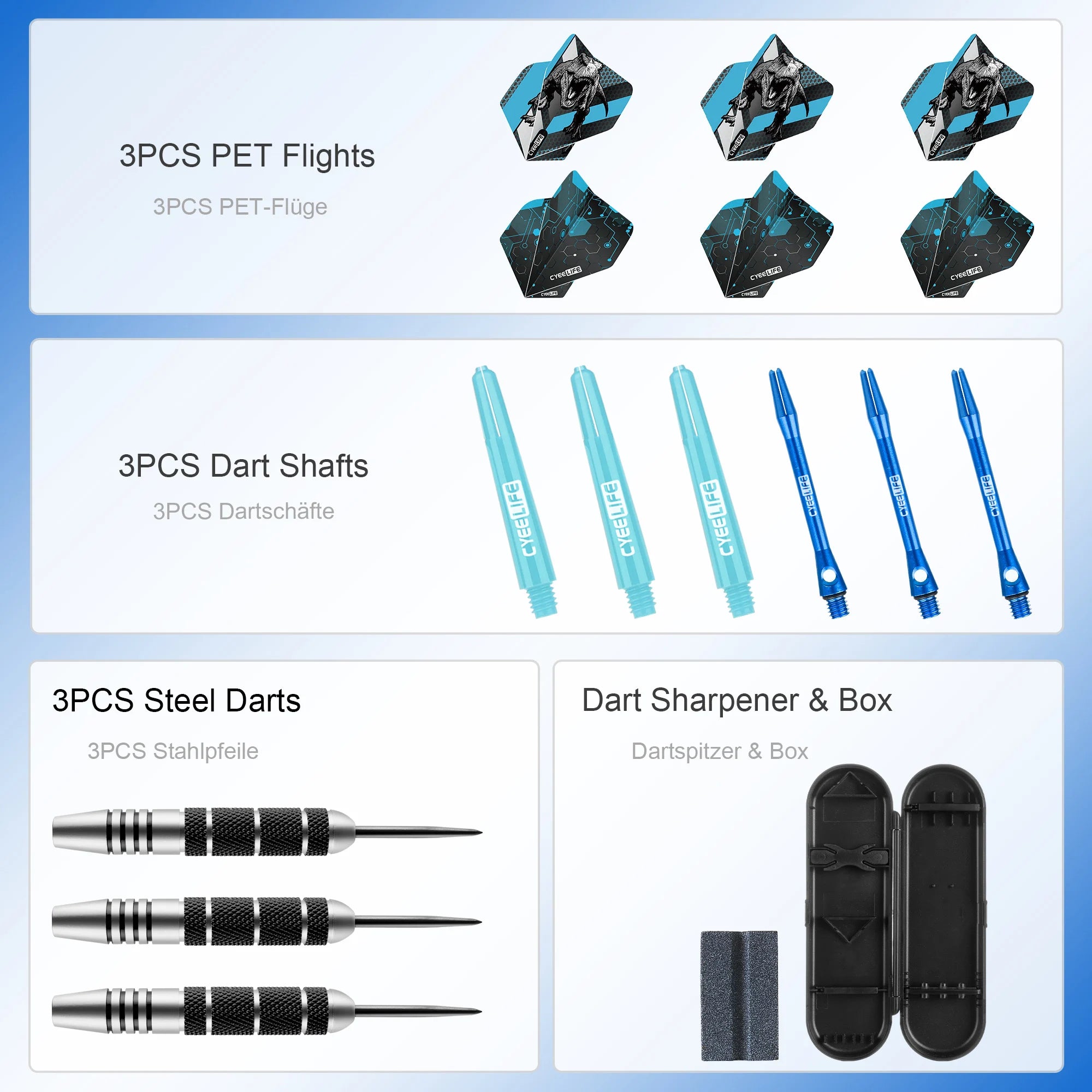 CyeeLife 26g steel tip dart set with PET flights, aluminum shafts, sharpener, and storage case for precise play.