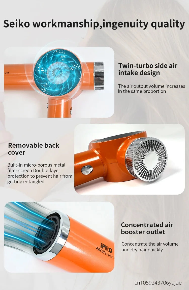 Orange 120k RPM high-speed professional hair dryer with twin-turbo intake, removable metal filter, and air booster.