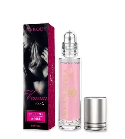 Rakou Venom For Her roll-on perfume, 10ml pink fragrance bottle, long-lasting floral scent for women, elegant packaging.