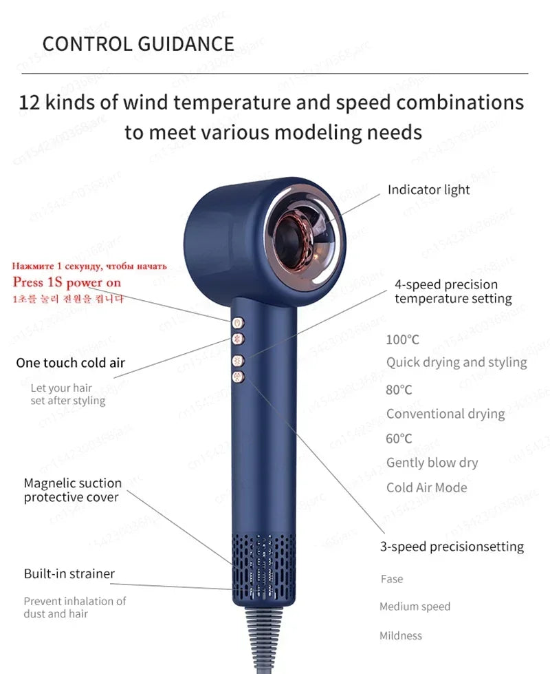 Blue 1600W leafless ionic hair dryer with 12 speed/heat settings, indicator light, and magnetic protective cover.