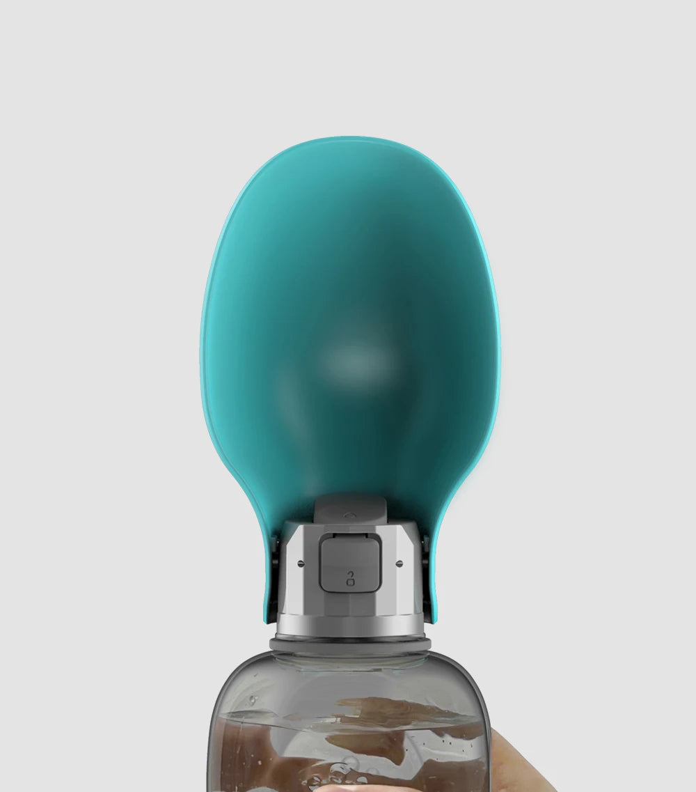 800ml portable teal dog water bottle with leak-proof lock for easy outdoor drinking for pets on the go.